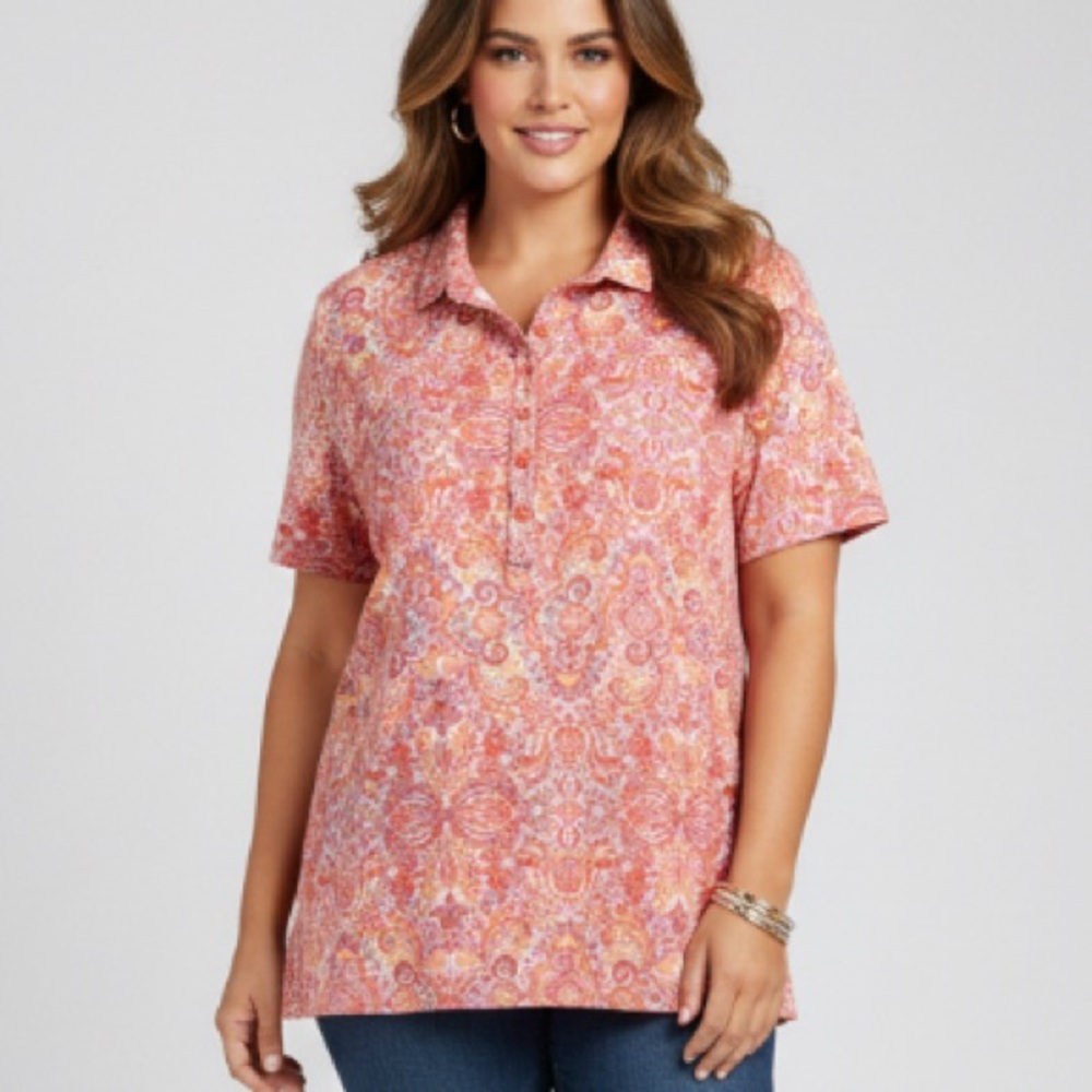 Gloria Vanderbilt Button Down Short Sleeve Top Orange 1X